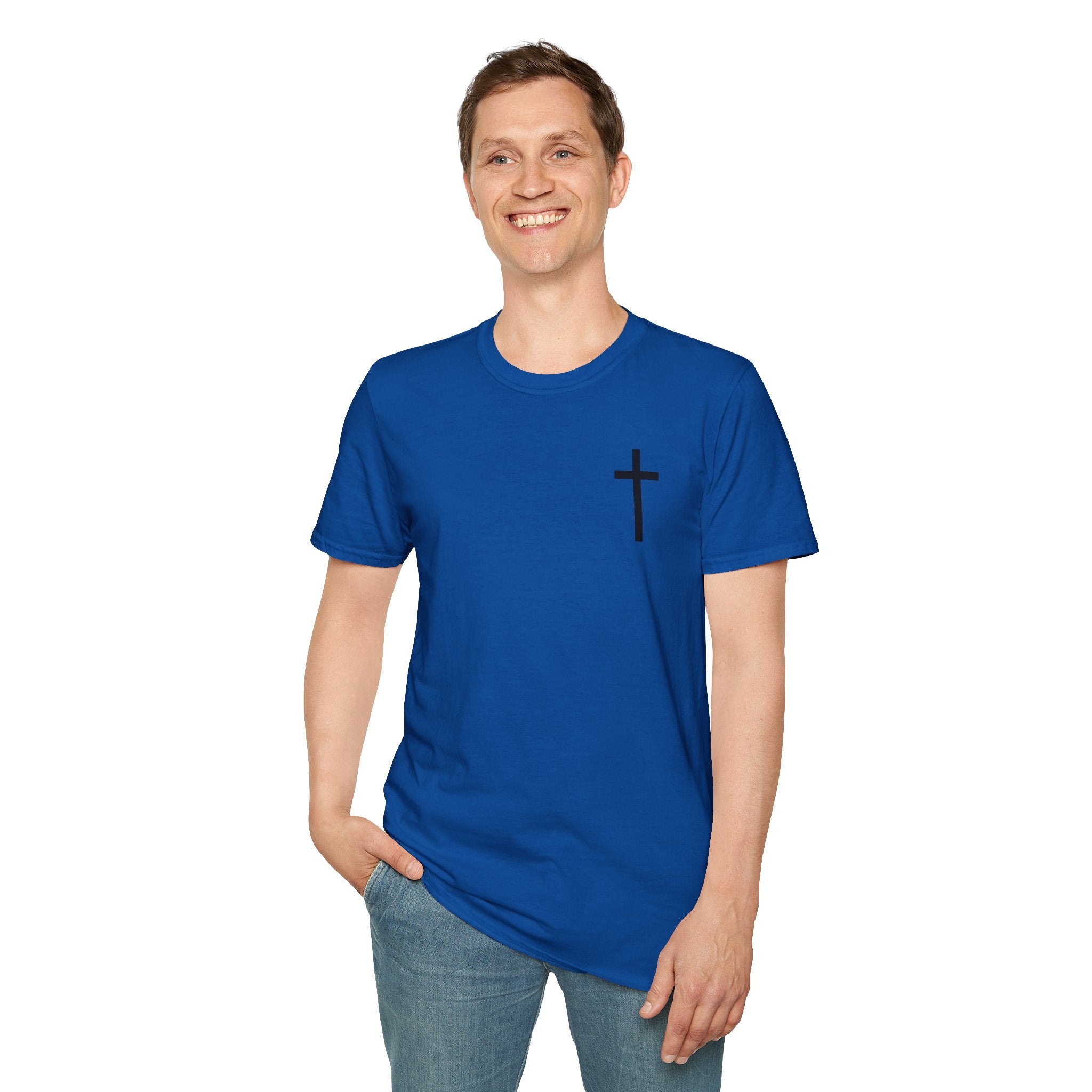Man of Faith Rooted in Christ T-Shirt — Christian Gift for Him Flag & Cross Back Print Graphic Tee