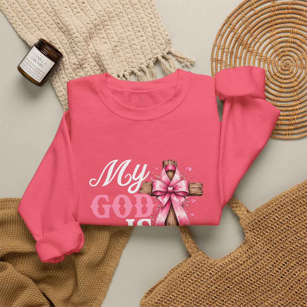My God Is Bigger Than Cancer Breast Cancer Awareness Crewneck Sweatshirt