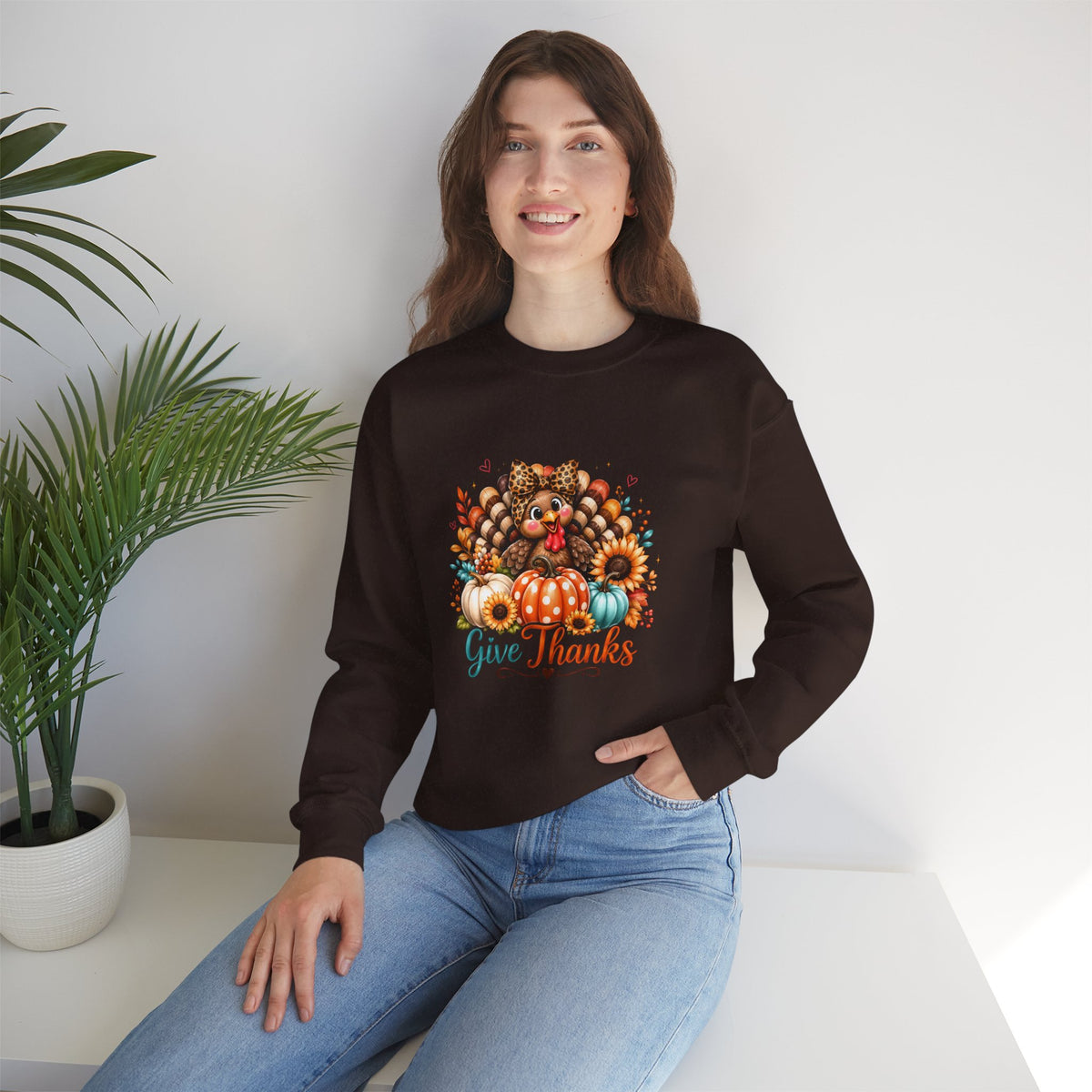 Sweatshirt — "Give Thanks" Autumn Turkey & Pumpkin Thanksgiving Crewneck