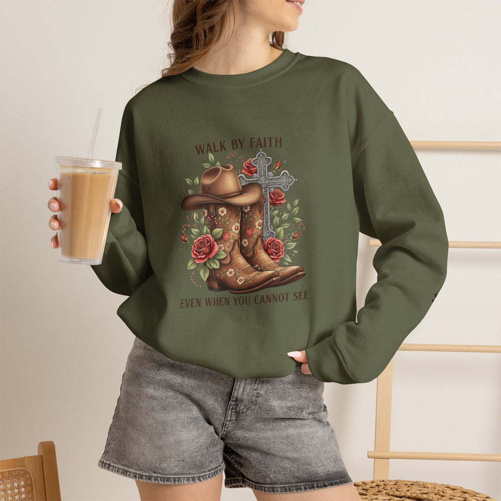 Faith Cowboy Boots Sweatshirt — "Walk by Faith, Even When You Cannot See" Christian Crewneck