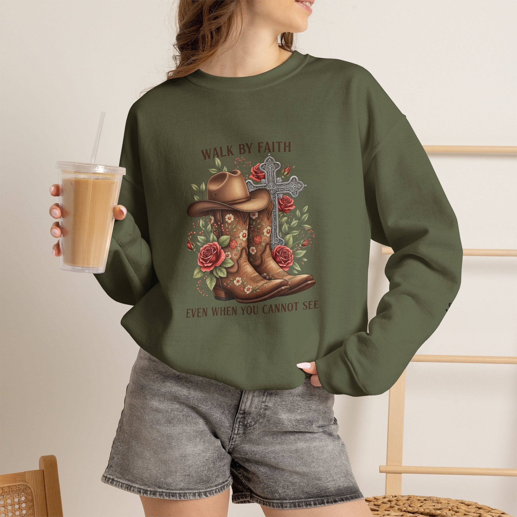 Faith Cowboy Boots Sweatshirt — "Walk by Faith, Even When You Cannot See" Christian Crewneck