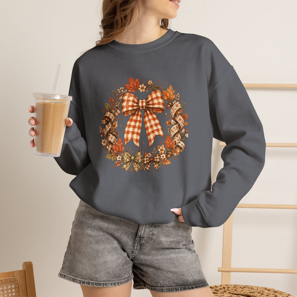 Cozy Autumn Plaid Bow Wreath Crewneck Sweatshirt