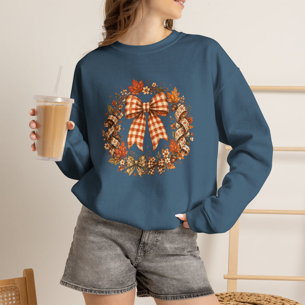 Cozy Autumn Plaid Bow Wreath Crewneck Sweatshirt
