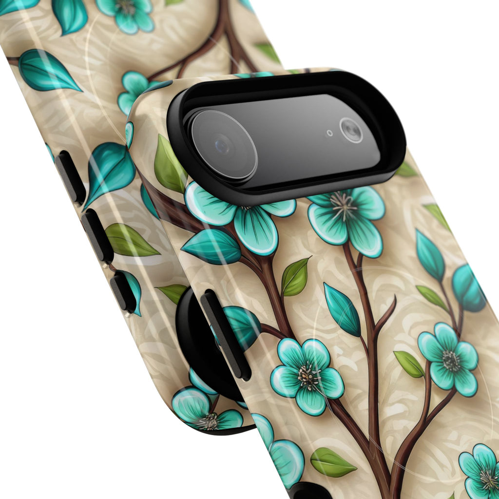 Floral Teal Blossom Tough Magnetic iPhone Case — MagSafe Protective Cover