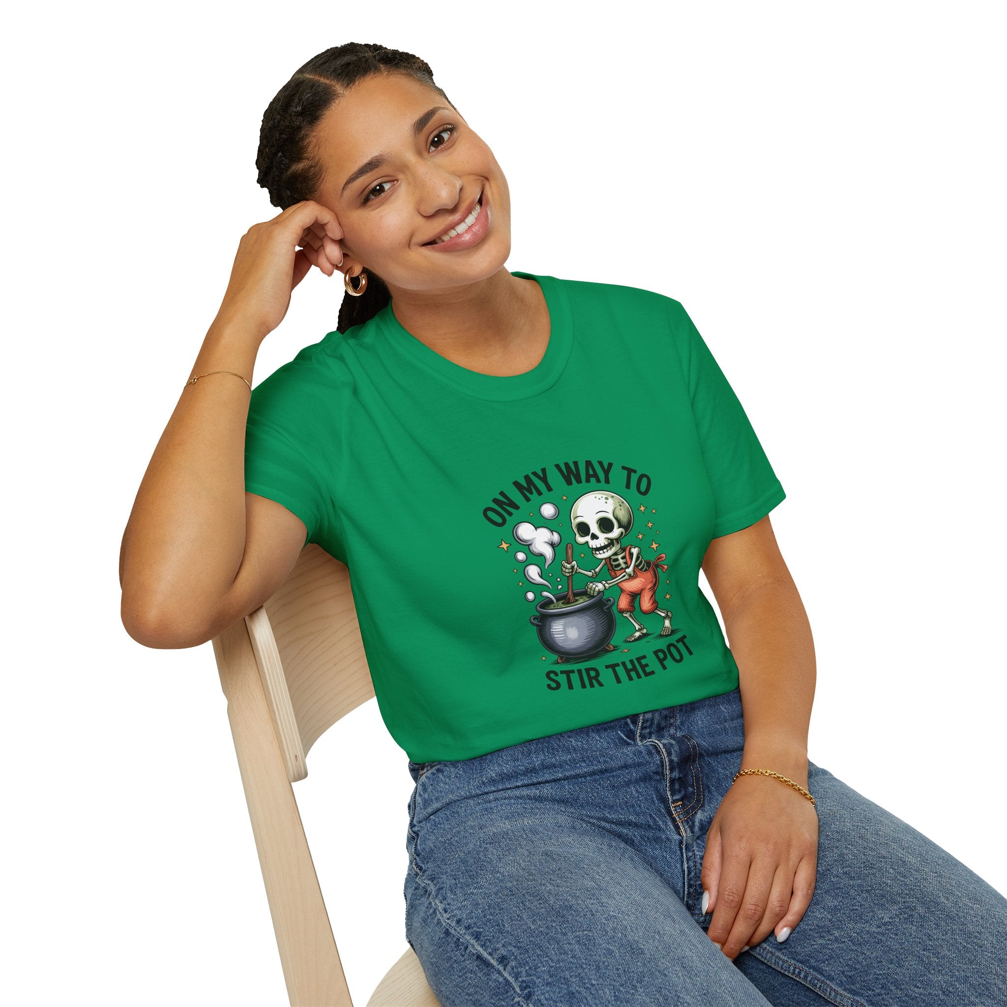 On My Way to Stir the Pot Skeleton T-Shirt — Funny Halloween Gift for Women