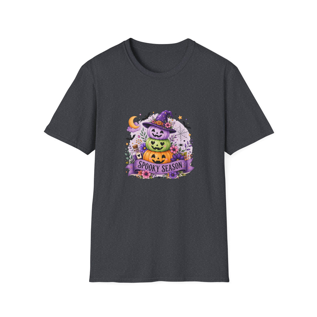 Spooky Season Pumpkin Stack T-Shirt — Cute Halloween Gift for Women Witch Hat Tee