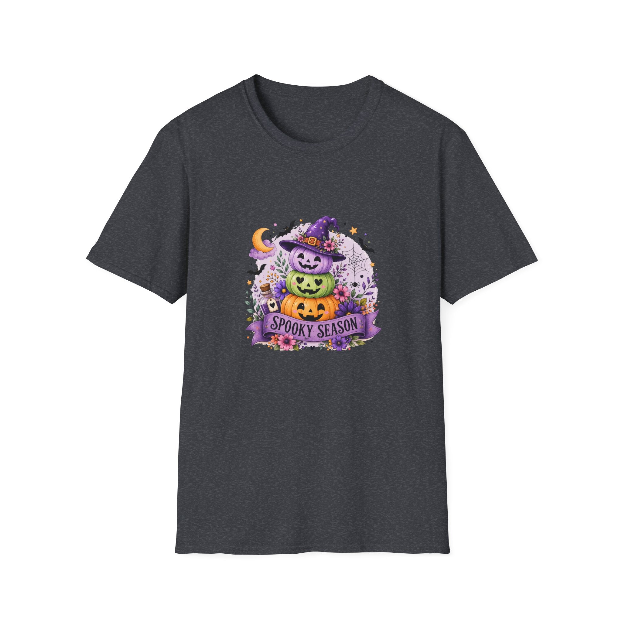 Spooky Season Pumpkin Stack T-Shirt — Cute Halloween Gift for Women Witch Hat Tee