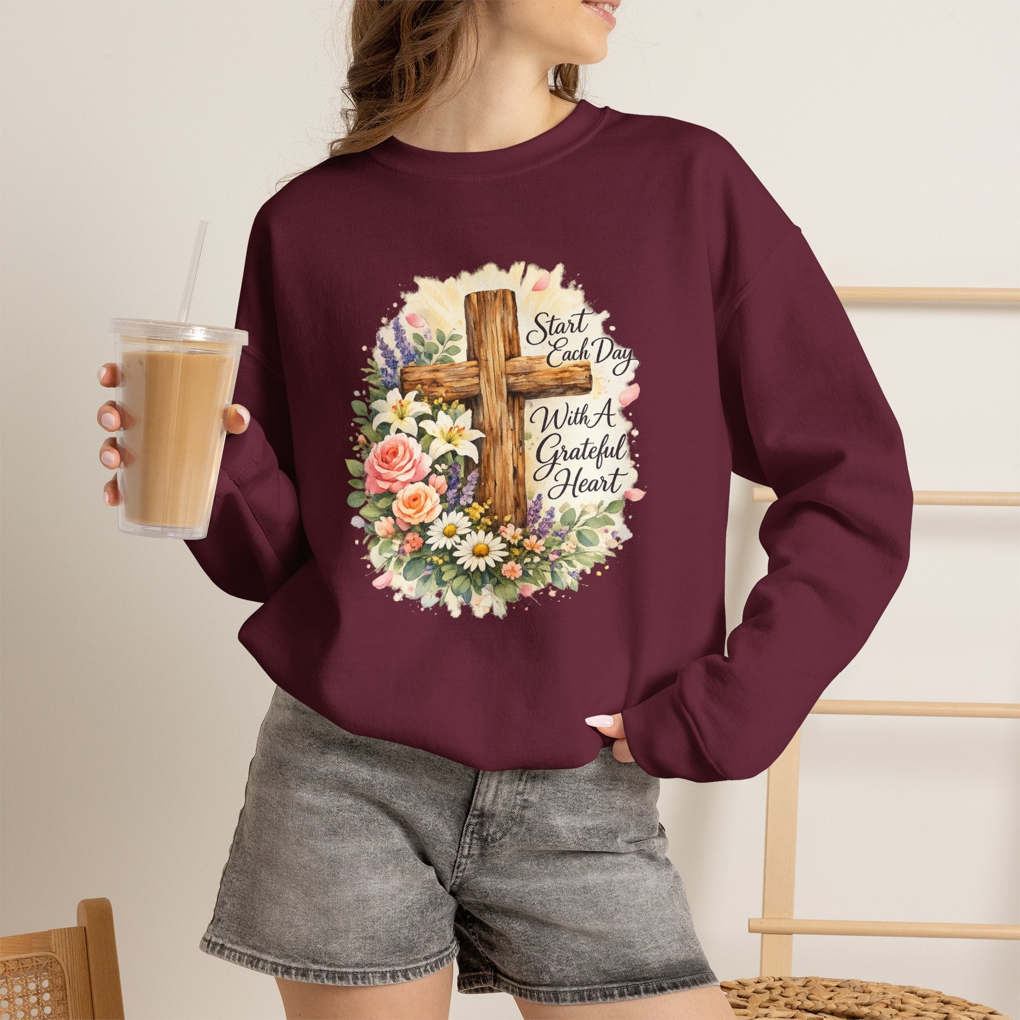 Christian Crewneck Sweatshirt — "Start Each Day with a Grateful Heart" Floral Cross