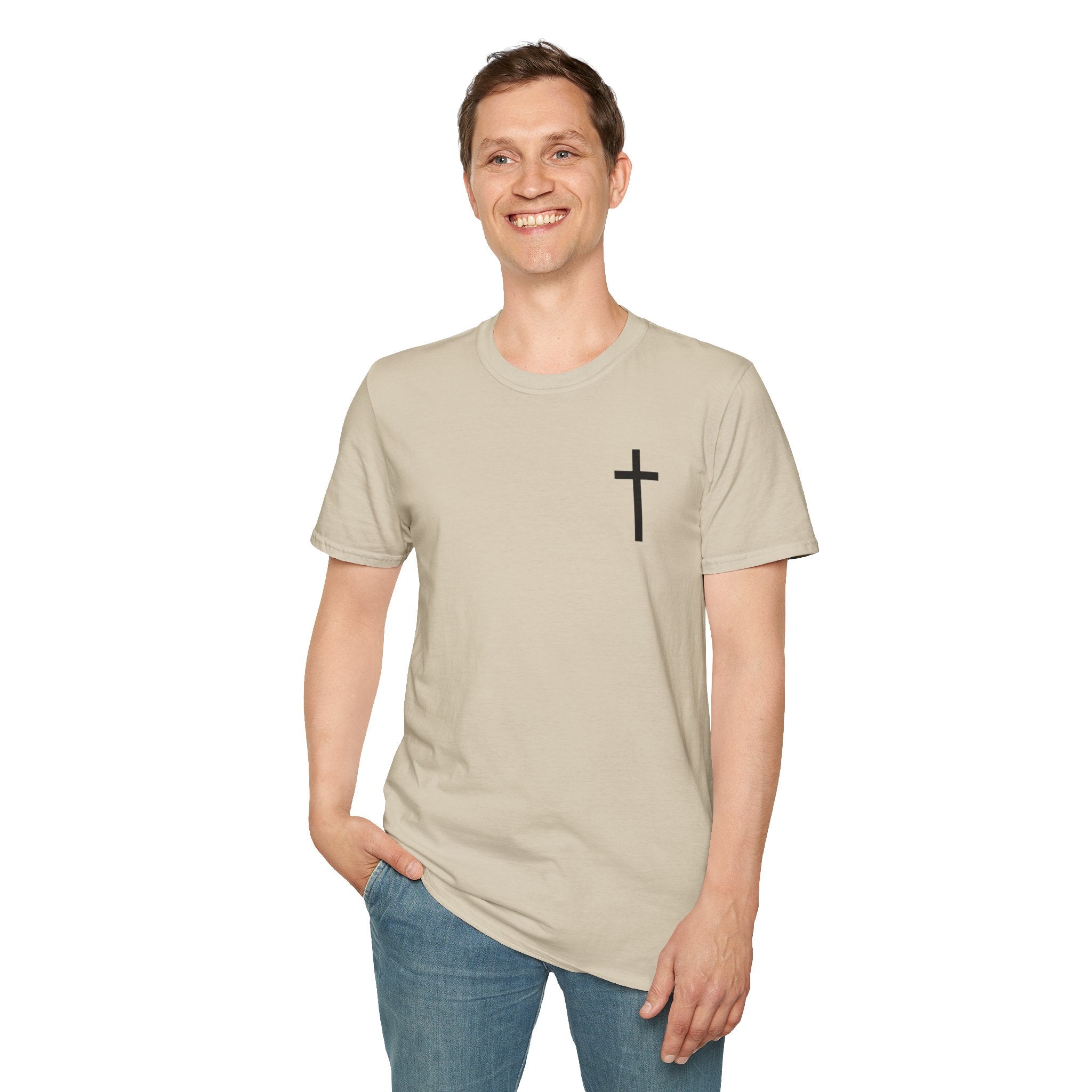 Man of Faith Rooted in Christ T-Shirt — Christian Gift for Him Flag & Cross Back Print Graphic Tee