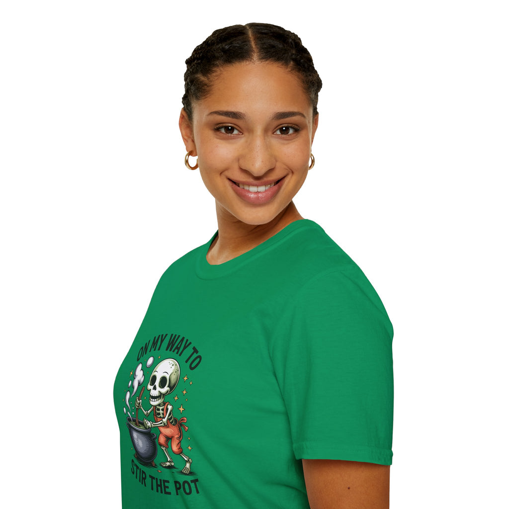 On My Way to Stir the Pot Skeleton T-Shirt — Funny Halloween Gift for Women
