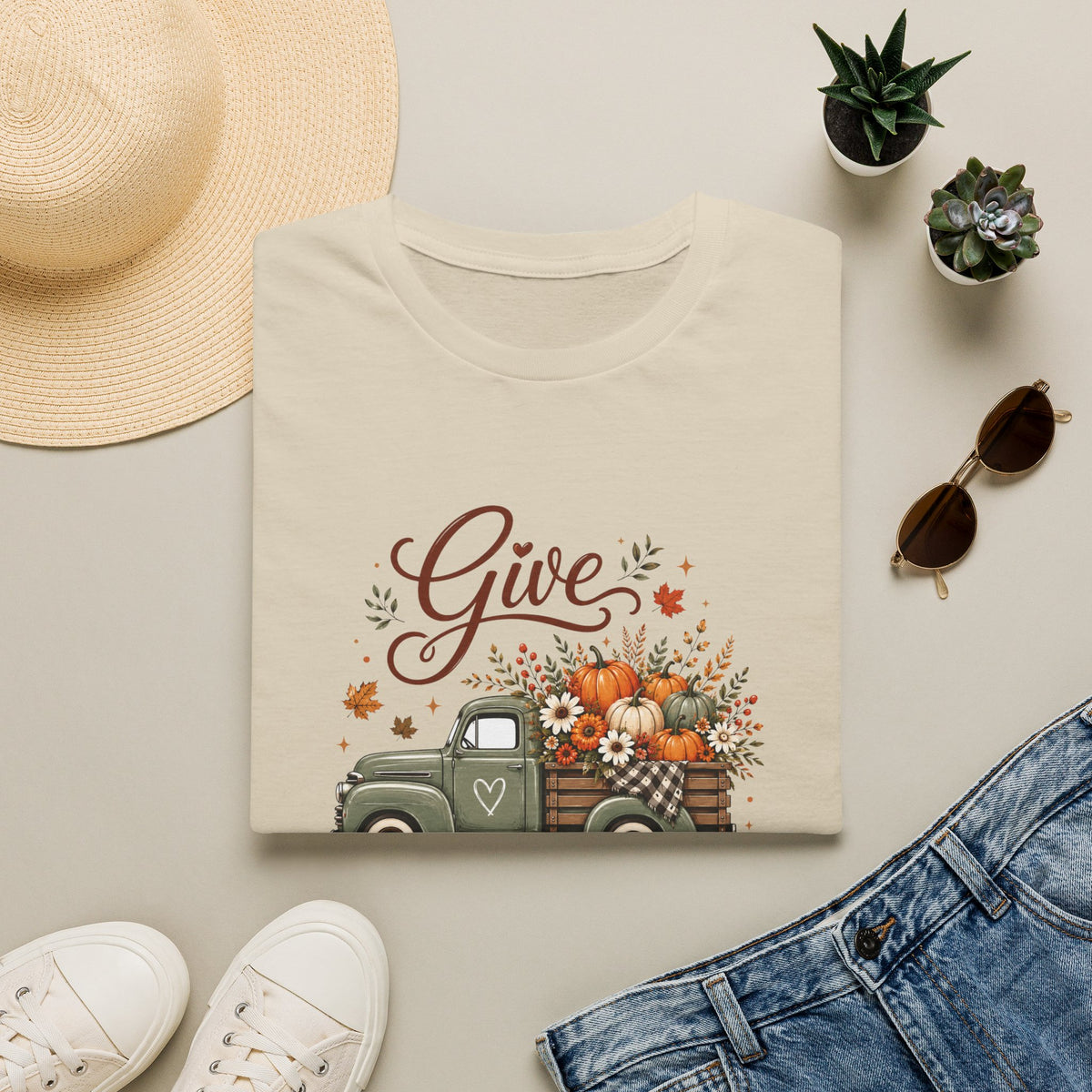 Give Thanks Fall Truck T-Shirt — Pumpkin Harvest Autumn Tee
