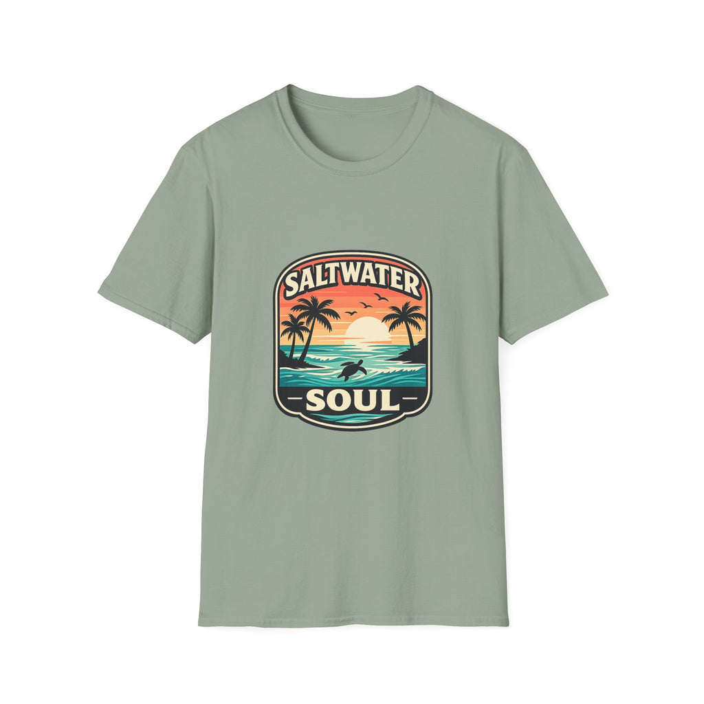 Saltwater Soul Retro Beach T-Shirt — Cute Coastal Gift for Women Sunset Palm Tee