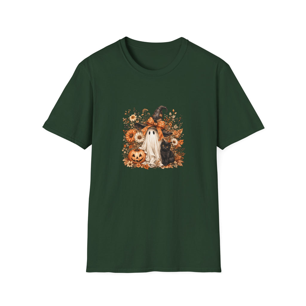 Halloween Witch Ghost & Cat T-Shirt — Cute Spooky Gift for Women Fall Floral Tee