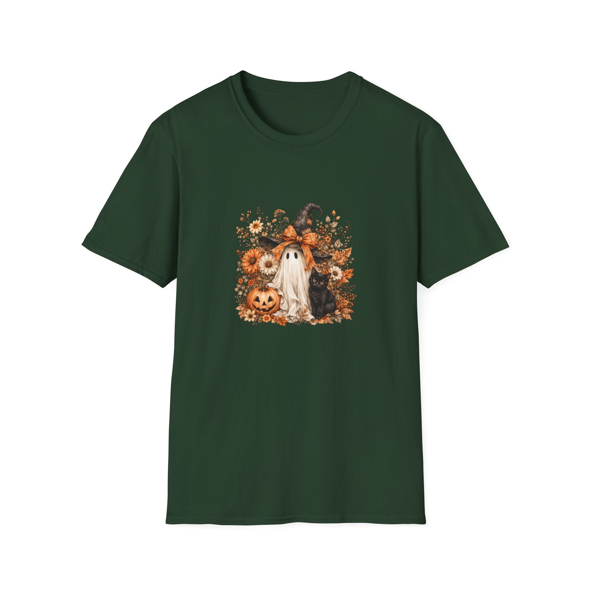 Halloween Witch Ghost & Cat T-Shirt — Cute Spooky Gift for Women Fall Floral Tee