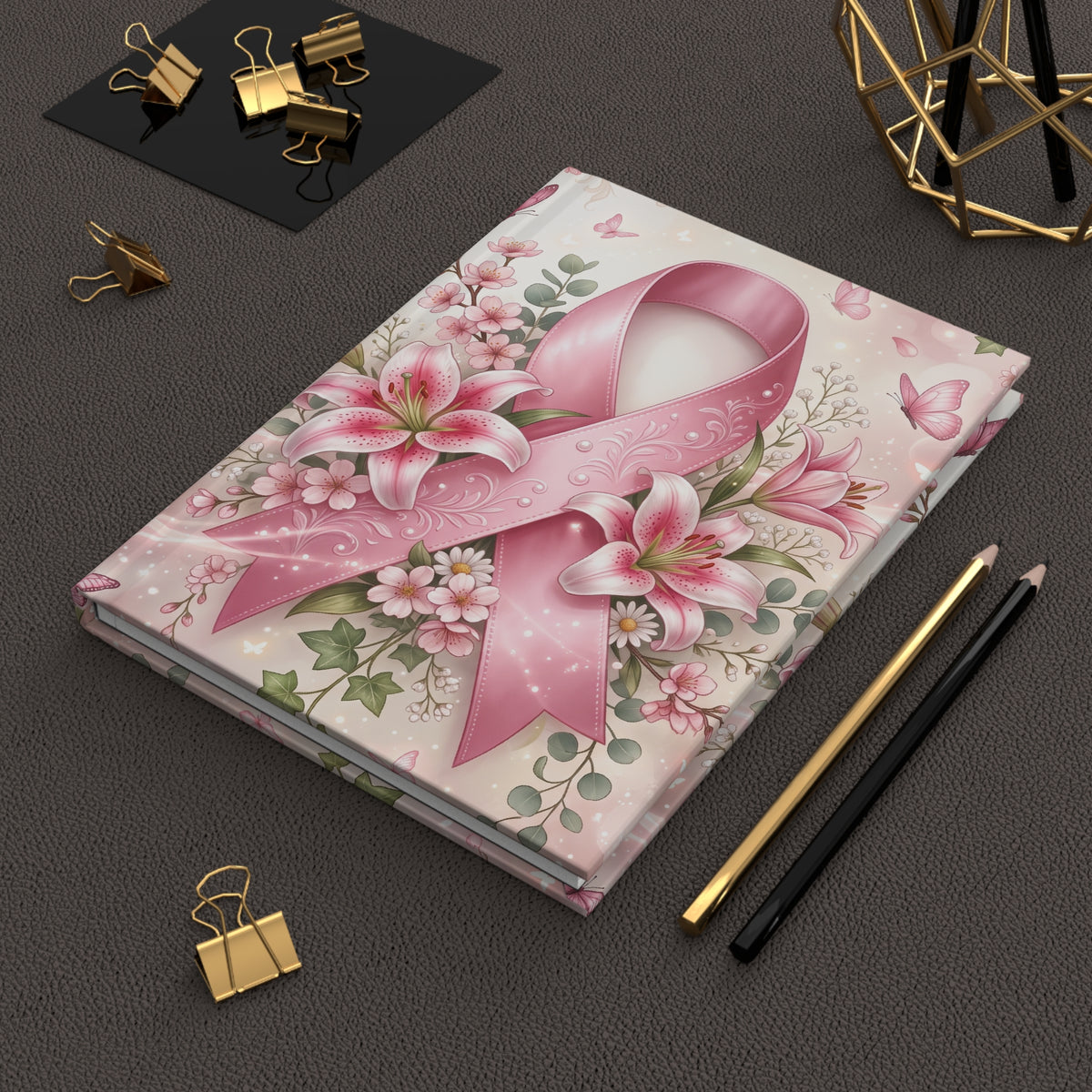 Breast Cancer Awareness Hardcover Journal — Pink Ribbon Floral Notebook