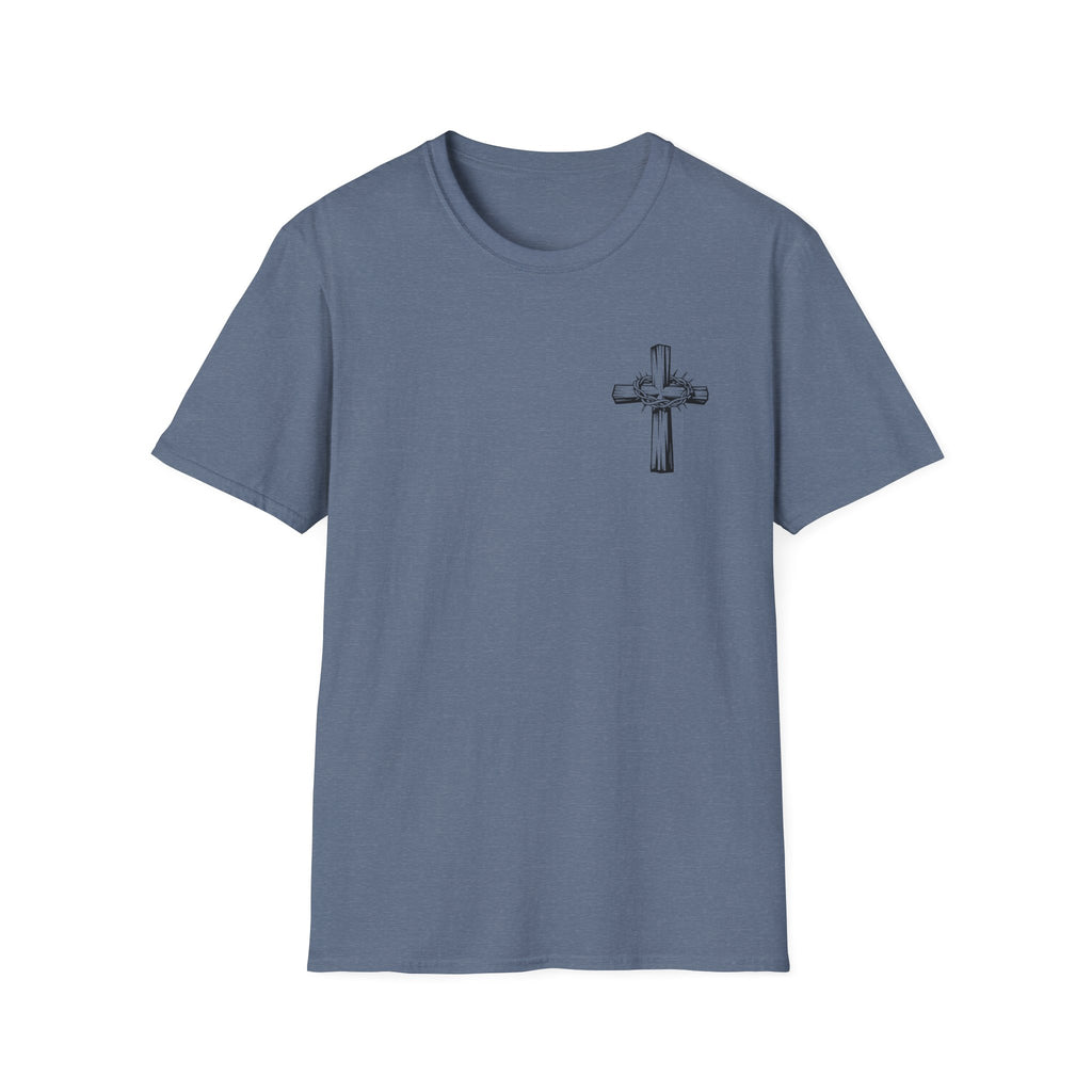 Cross Lion and Jesus Back Print T-Shirt — Wood Cross Chest Christian Faith Graphic
