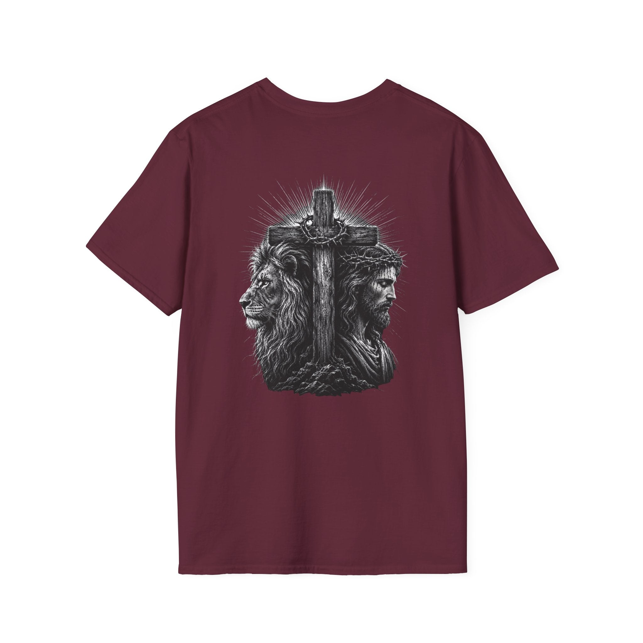 Cross Lion and Jesus Back Print T-Shirt — Wood Cross Chest Christian Faith Graphic
