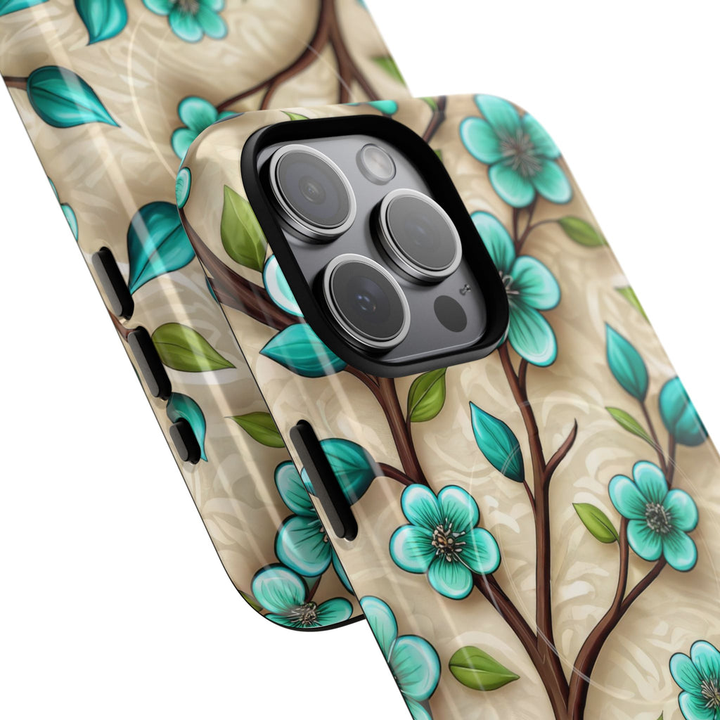 Floral Teal Blossom Tough Magnetic iPhone Case — MagSafe Protective Cover