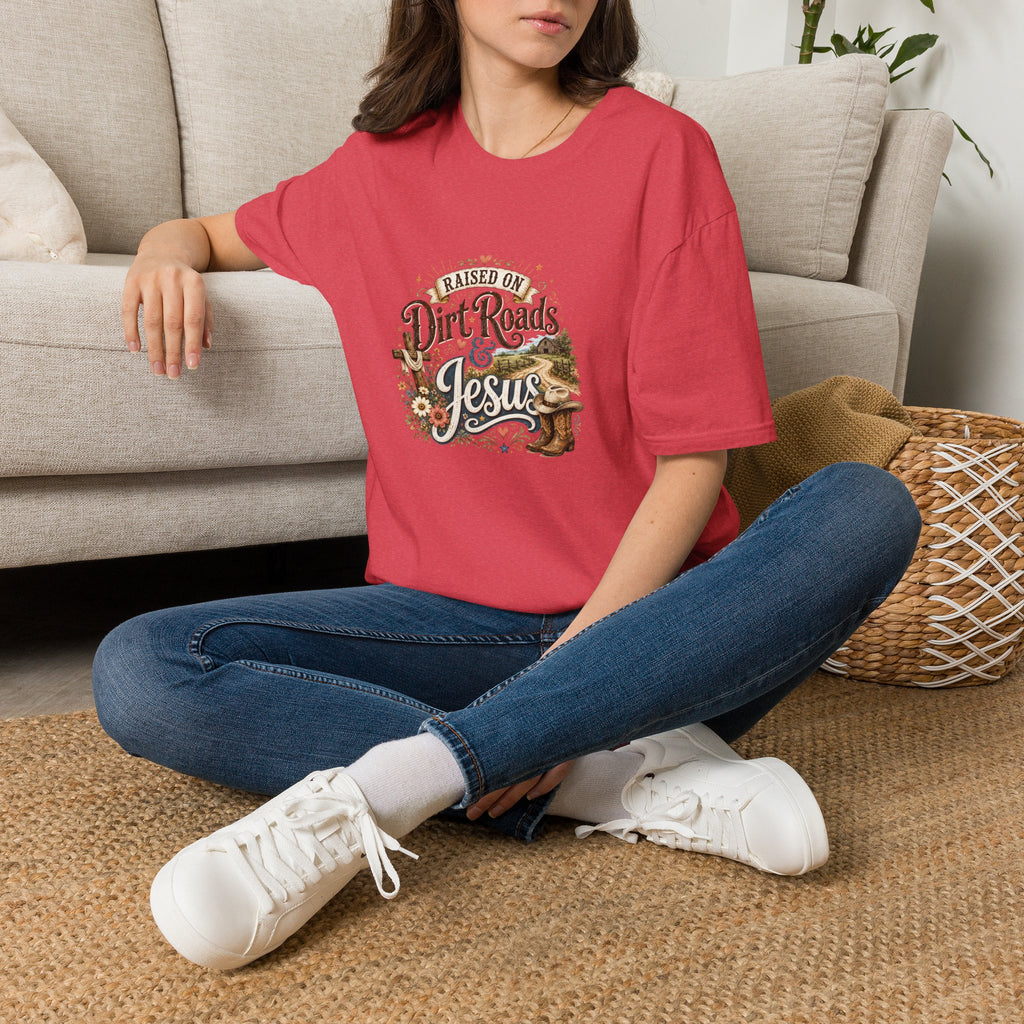 Raised on Dirt Roads & Jesus T-Shirt — Rustic Christian Gift for Women Faith Tee