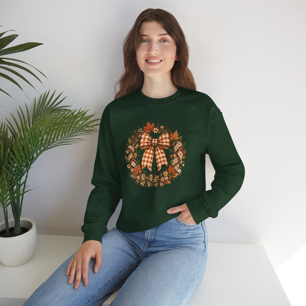 Cozy Autumn Plaid Bow Wreath Crewneck Sweatshirt