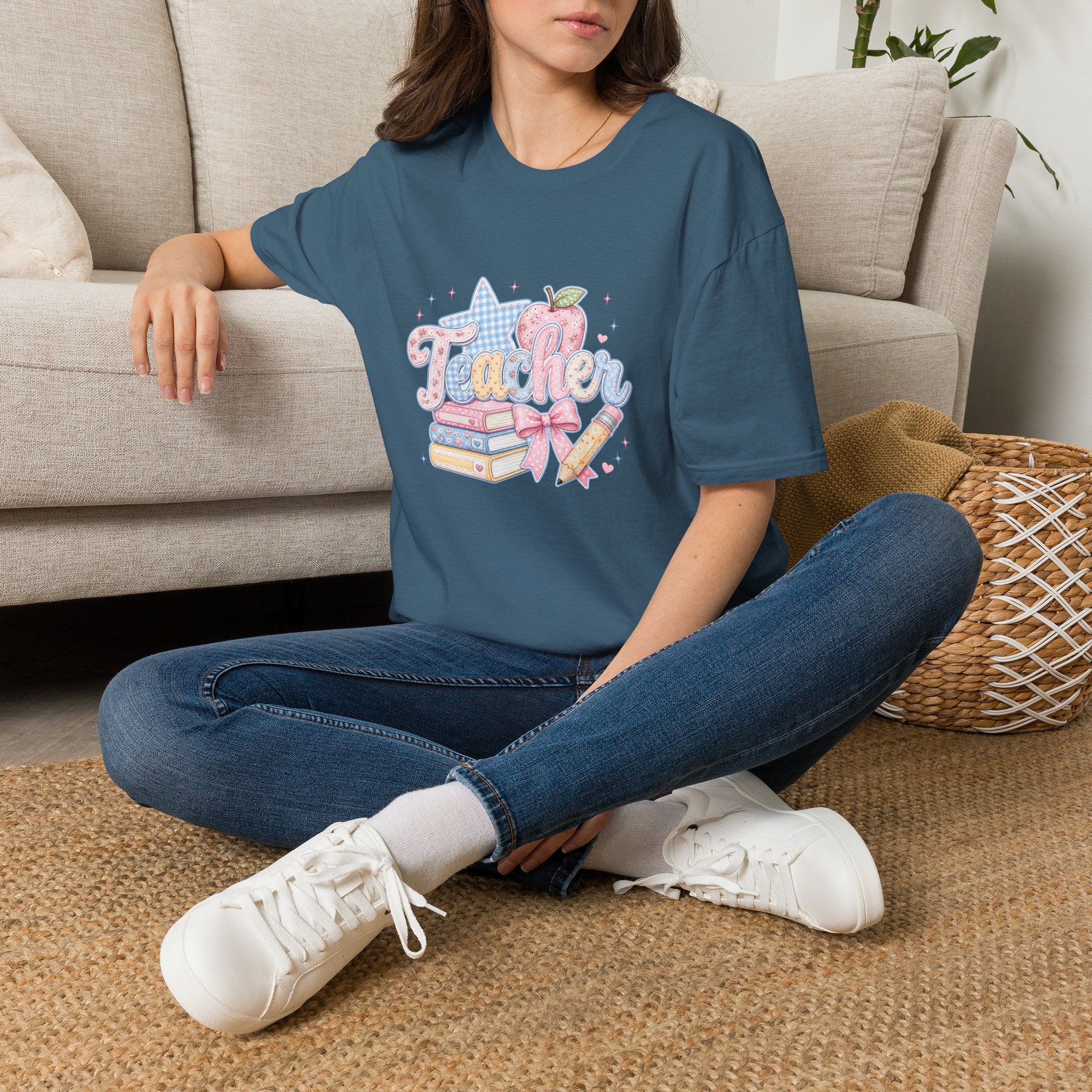 Cute Pastel Apple & Books Teacher T-Shirt — Funny Back-to-School Gift Graphic Tee