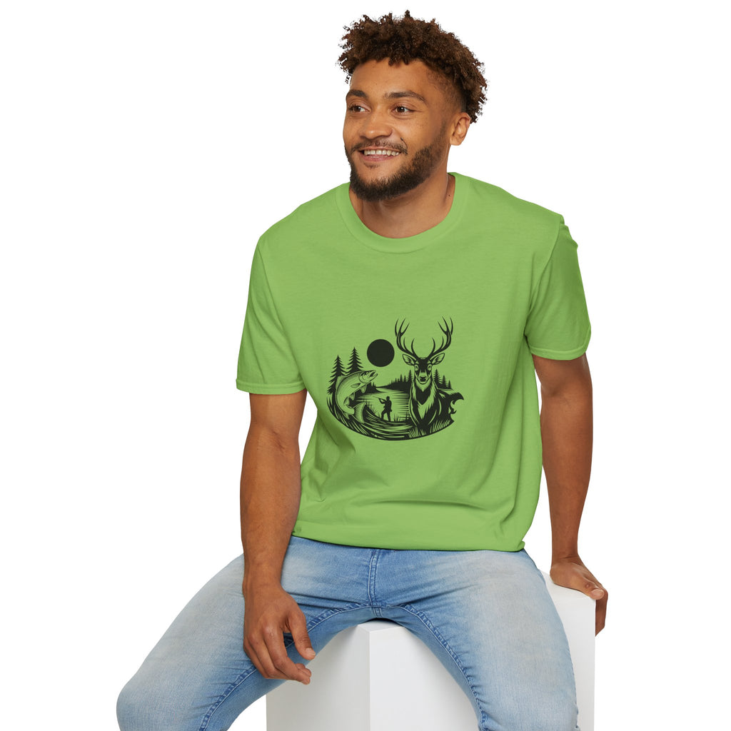 Deer & Fish Forest Silhouette T-Shirt — Rustic Outdoor Gift for Hunters Graphic Tee