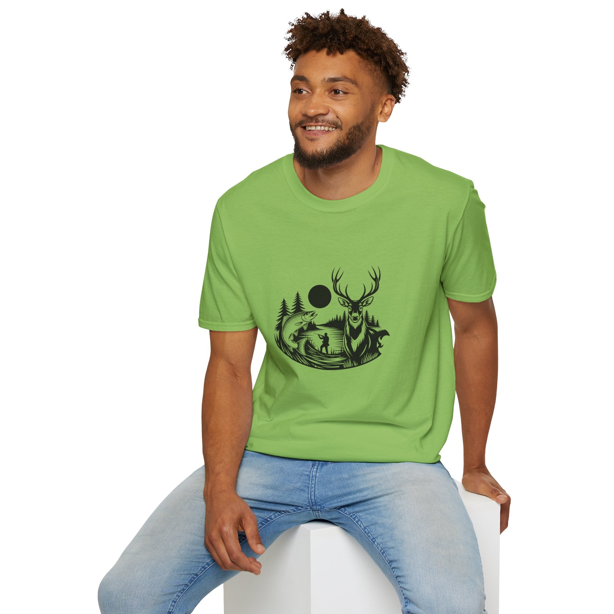 Deer & Fish Forest Silhouette T-Shirt — Rustic Outdoor Gift for Hunters Graphic Tee