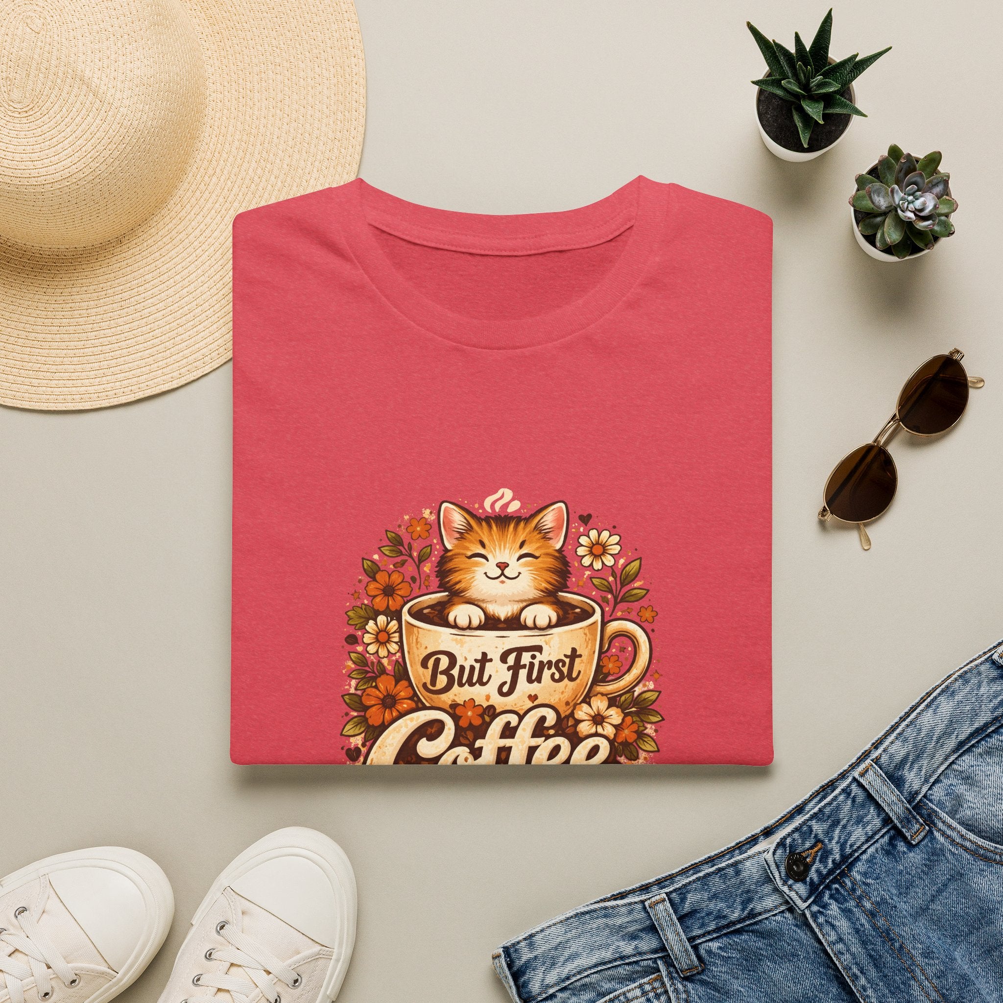 But First Coffee Cat T-Shirt — Cute Floral Gift for Coffee Lovers Women's Tee