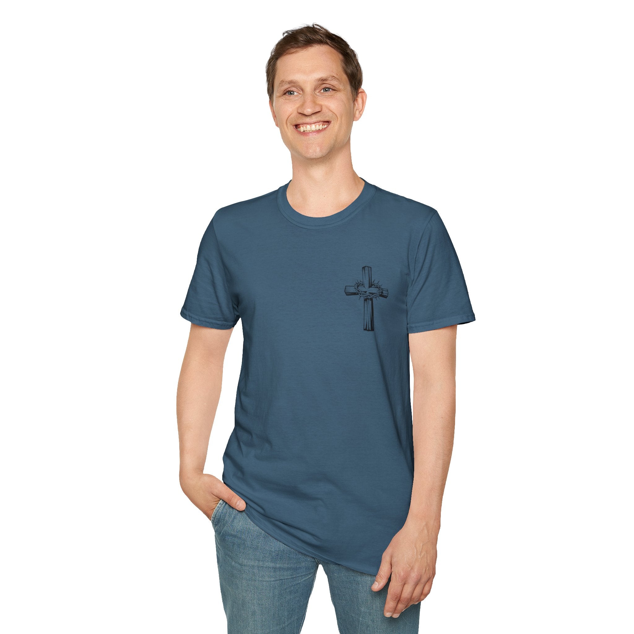 Cross Lion and Jesus Back Print T-Shirt — Wood Cross Chest Christian Faith Graphic