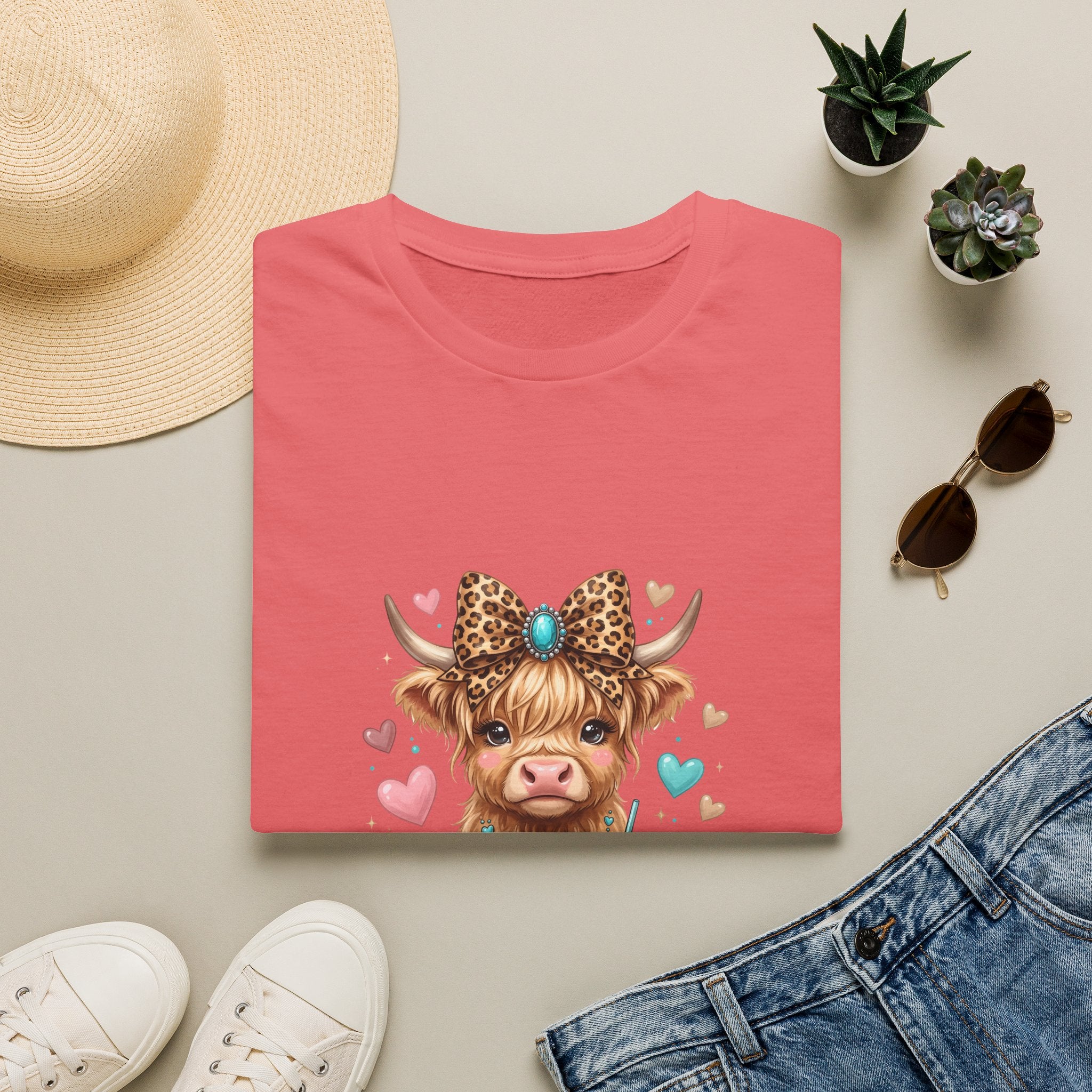 Highland Cow Leopard Bow T-Shirt — Cute Funny Gift for Her Hearts Graphic Tee