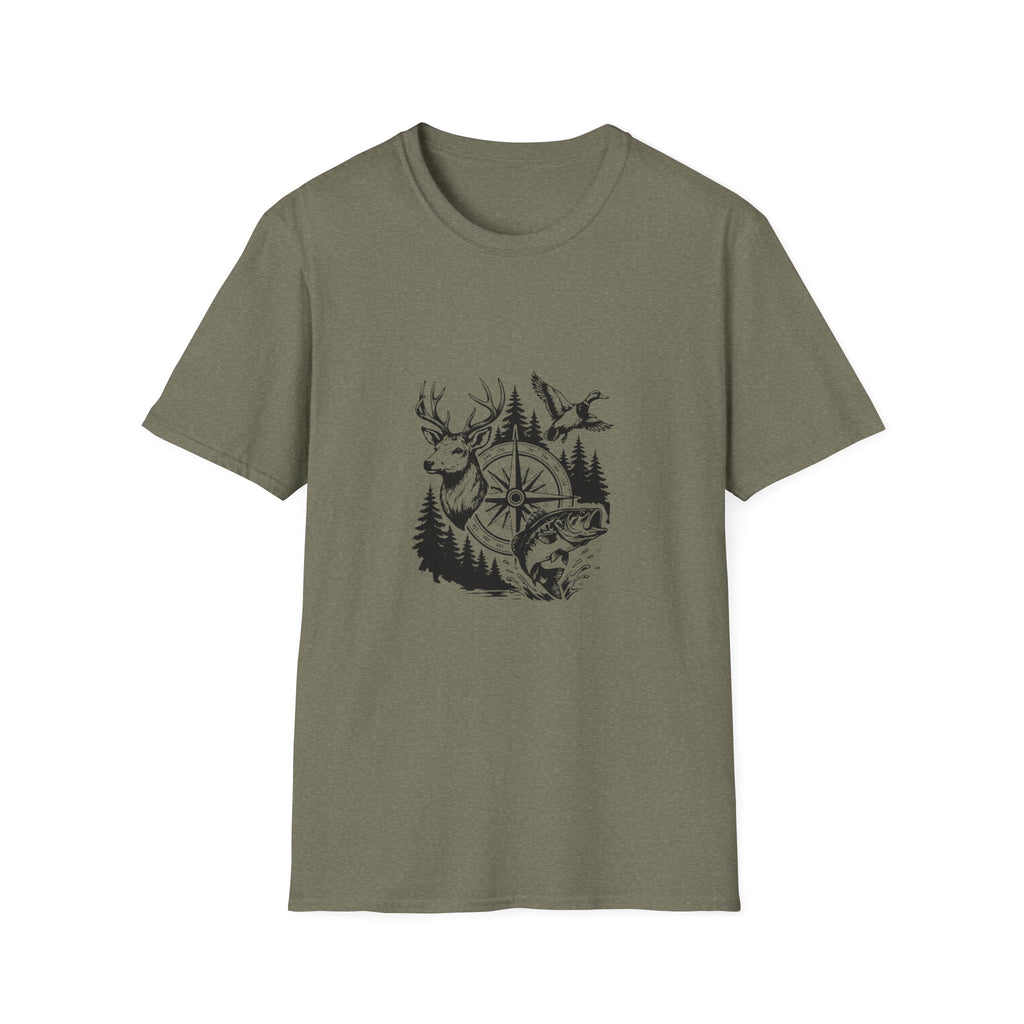 Outdoor Wildlife Compass T-Shirt — Deer Duck & Fish Nature Gift for Hunters