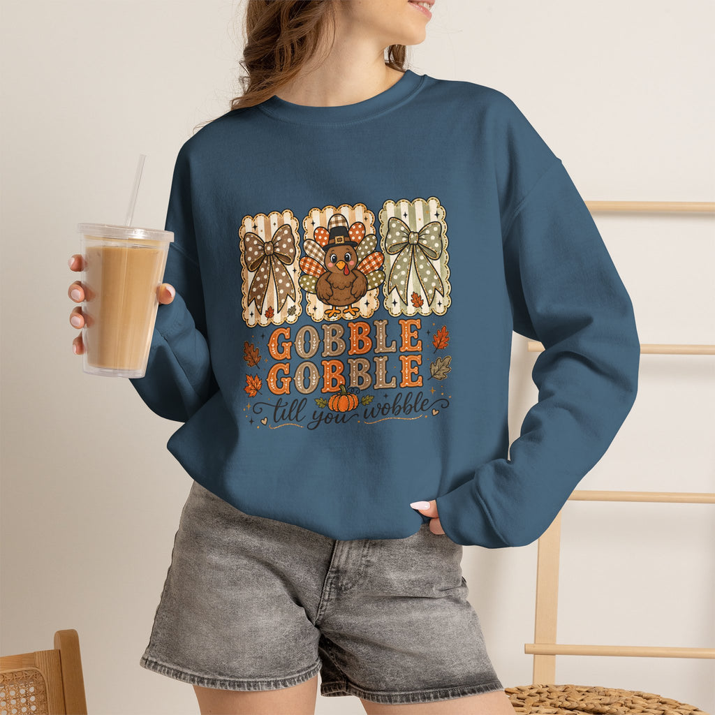 Thanksgiving Crewneck Sweatshirt — "Gobble Gobble 'til You Wobble" Turkey Design