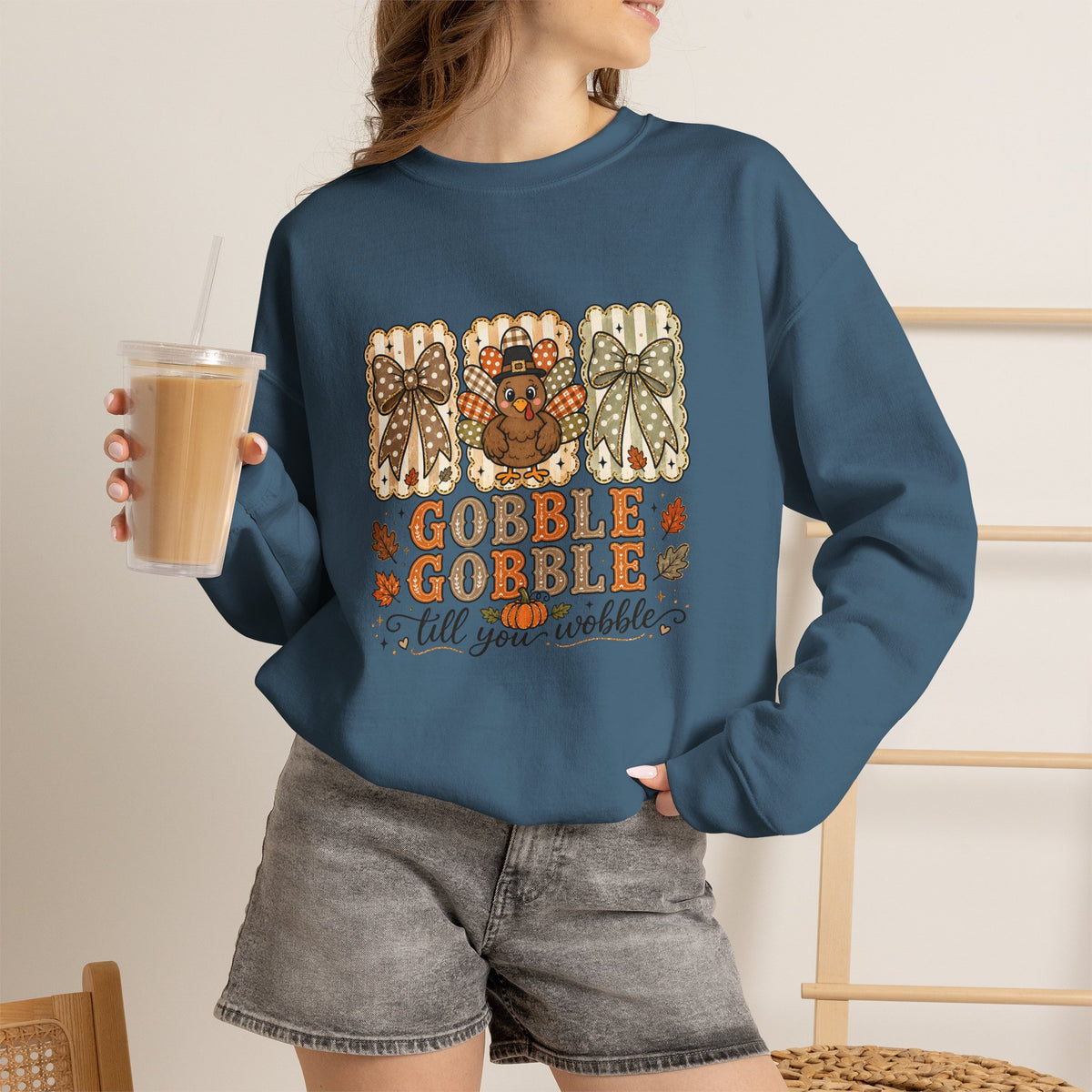 Thanksgiving Crewneck Sweatshirt — "Gobble Gobble 'til You Wobble" Turkey Design