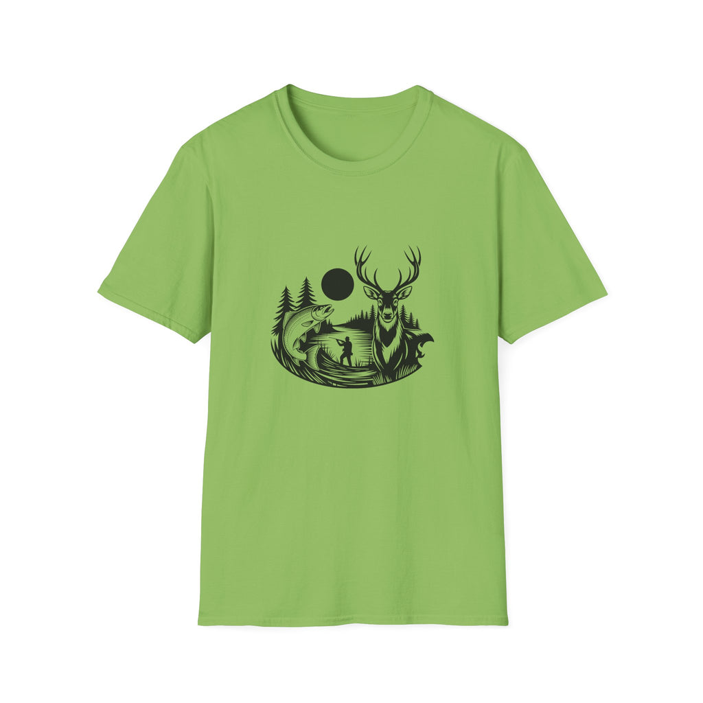 Deer & Fish Forest Silhouette T-Shirt — Rustic Outdoor Gift for Hunters Graphic Tee