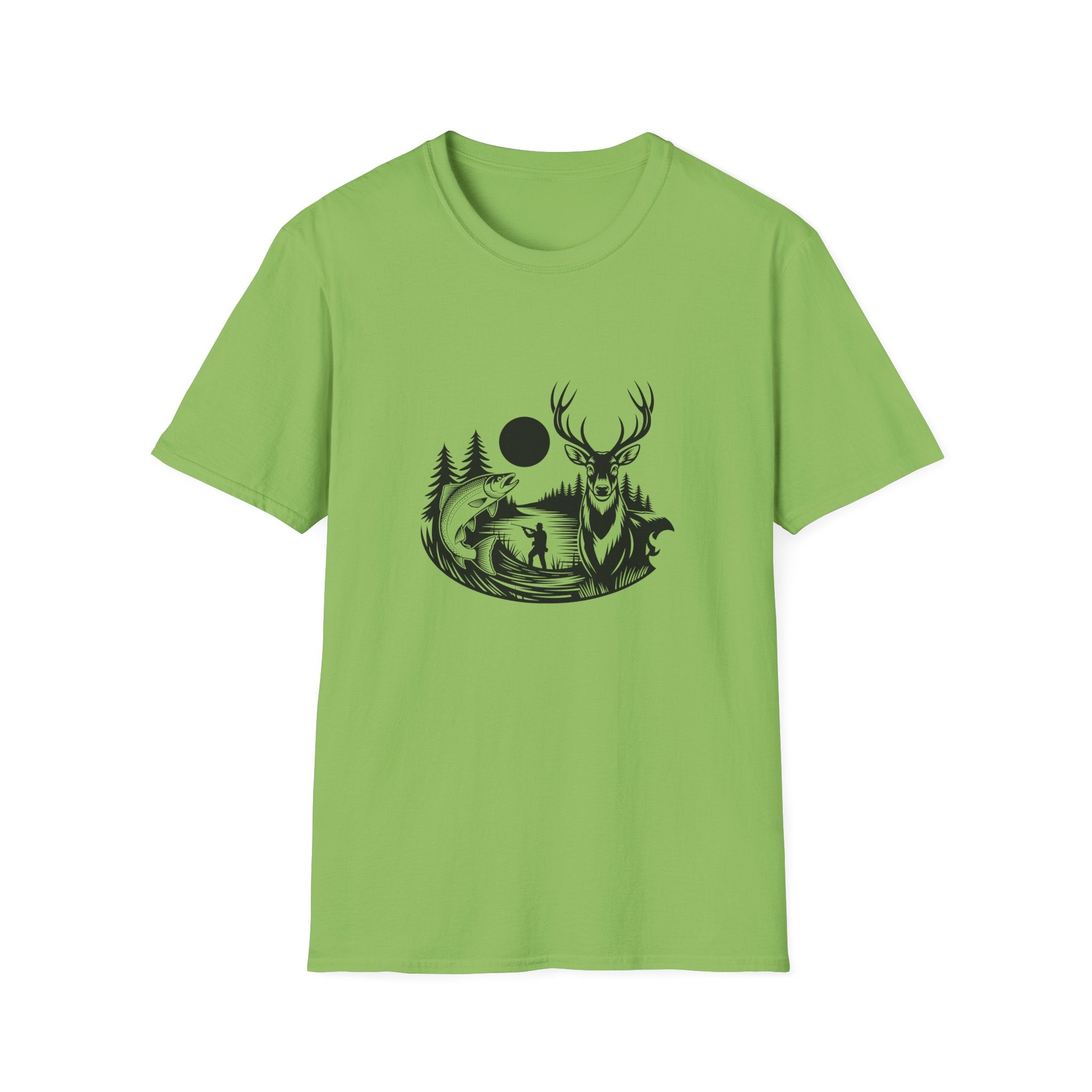 Deer & Fish Forest Silhouette T-Shirt — Rustic Outdoor Gift for Hunters Graphic Tee