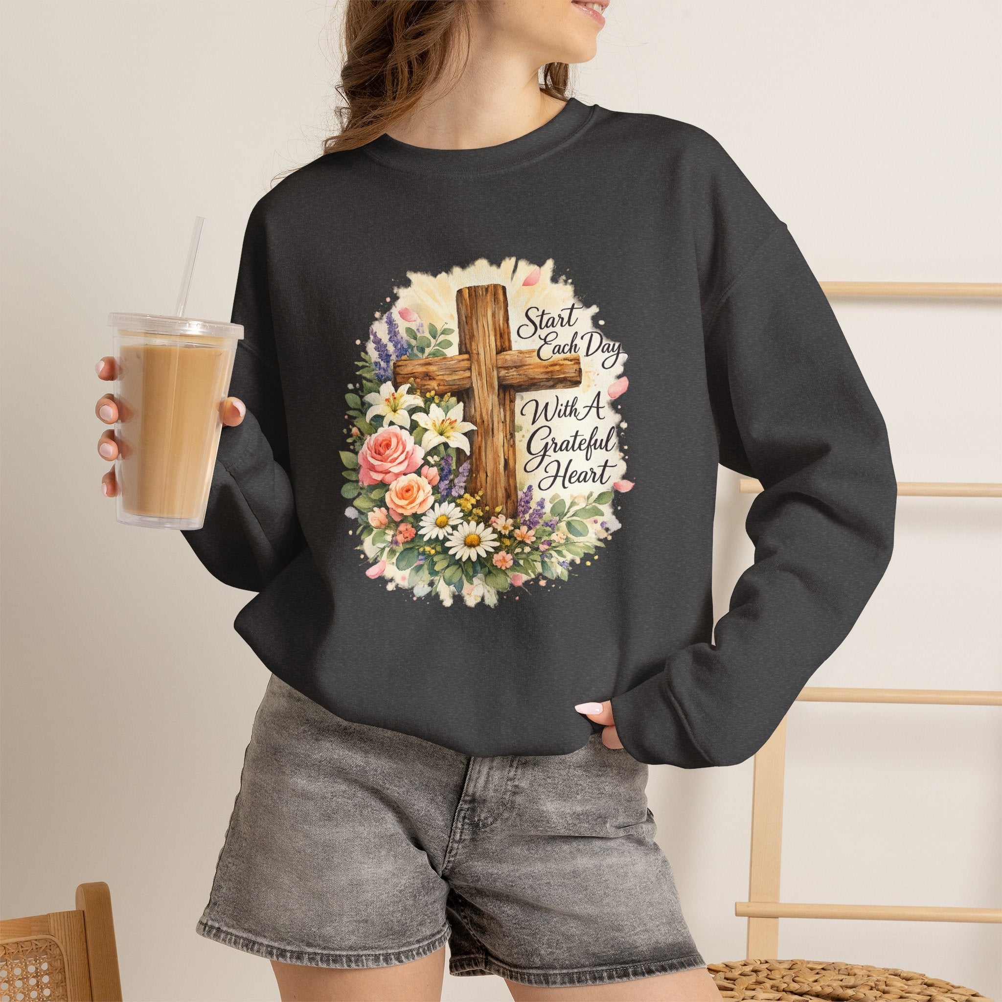 Christian Crewneck Sweatshirt — "Start Each Day with a Grateful Heart" Floral Cross