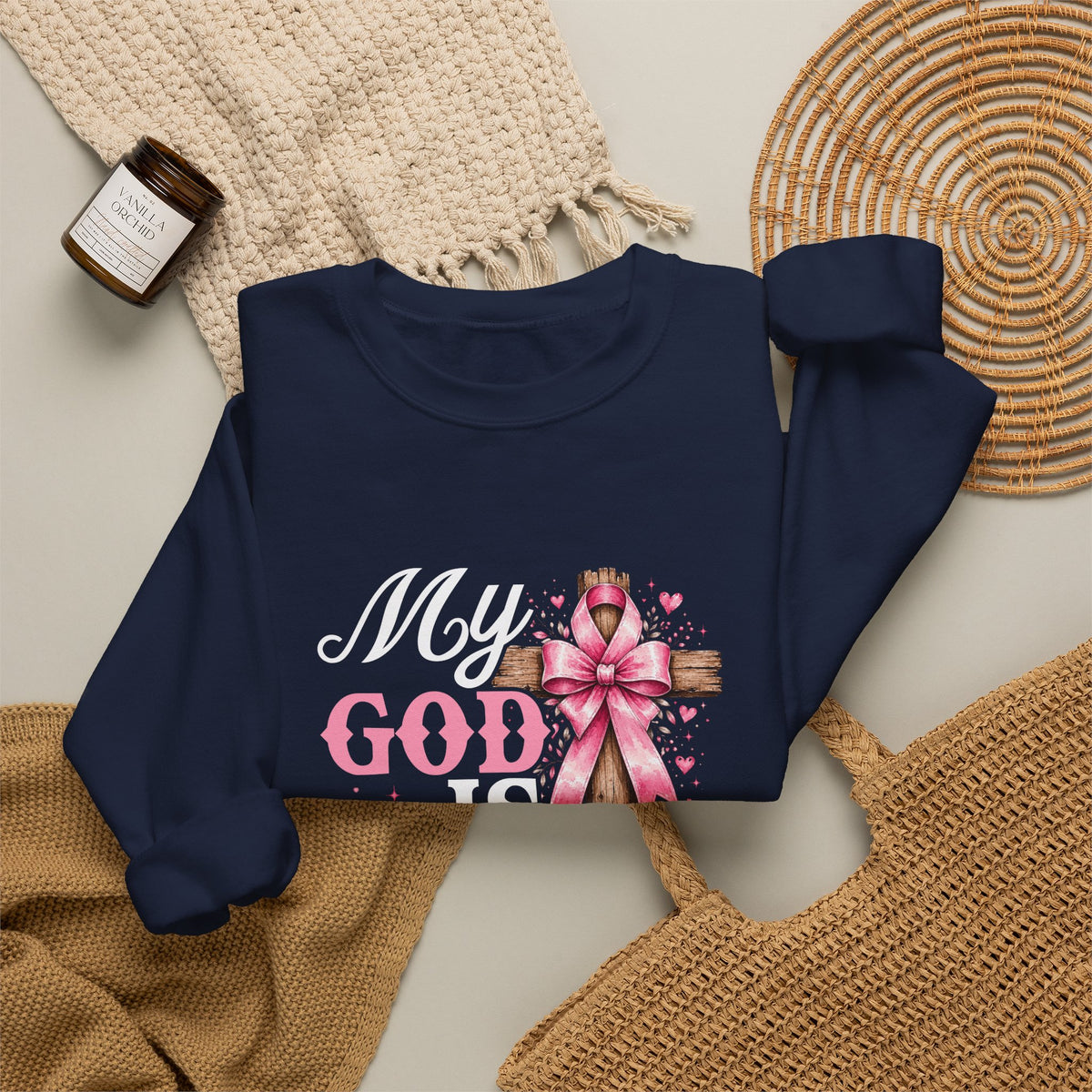 My God Is Bigger Than Cancer Breast Cancer Awareness Crewneck Sweatshirt