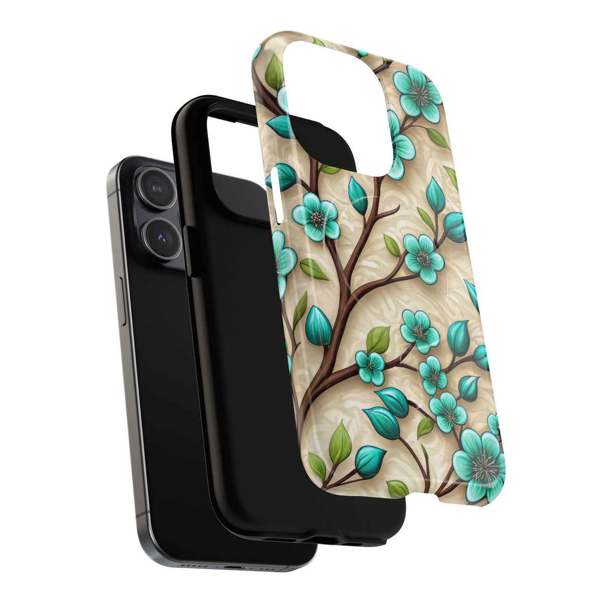 Floral Teal Blossom Tough Magnetic iPhone Case — MagSafe Protective Cover