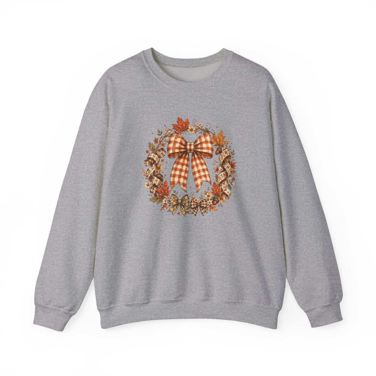 Cozy Autumn Plaid Bow Wreath Crewneck Sweatshirt