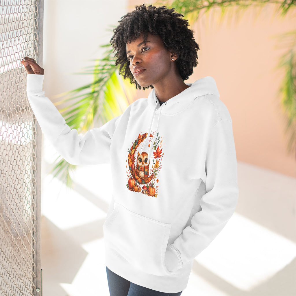 Cozy Autumn Owl Crescent Moon Embroidered Hoodie