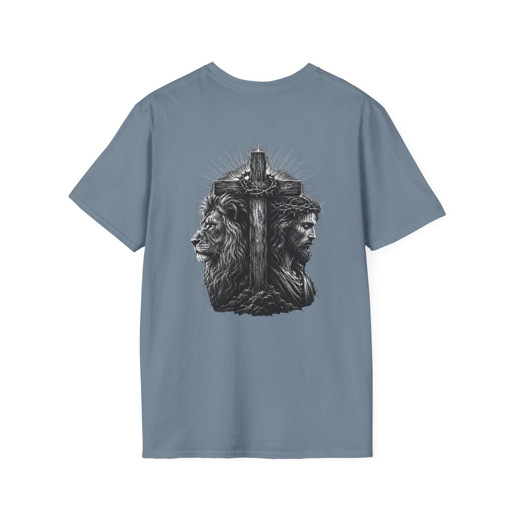 Cross Lion and Jesus Back Print T-Shirt — Wood Cross Chest Christian Faith Graphic