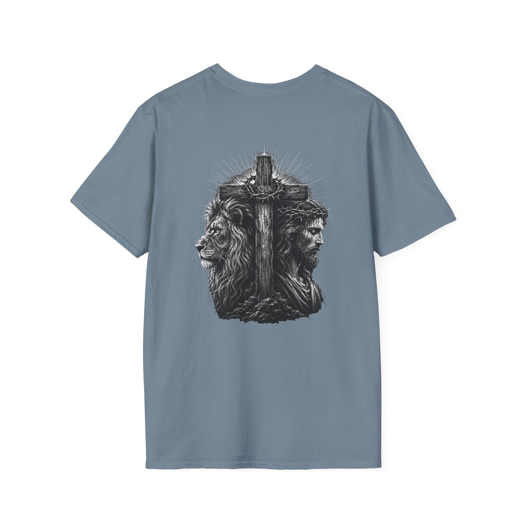 Cross Lion and Jesus Back Print T-Shirt — Wood Cross Chest Christian Faith Graphic