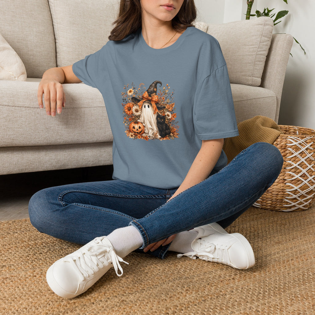 Halloween Witch Ghost & Cat T-Shirt — Cute Spooky Gift for Women Fall Floral Tee