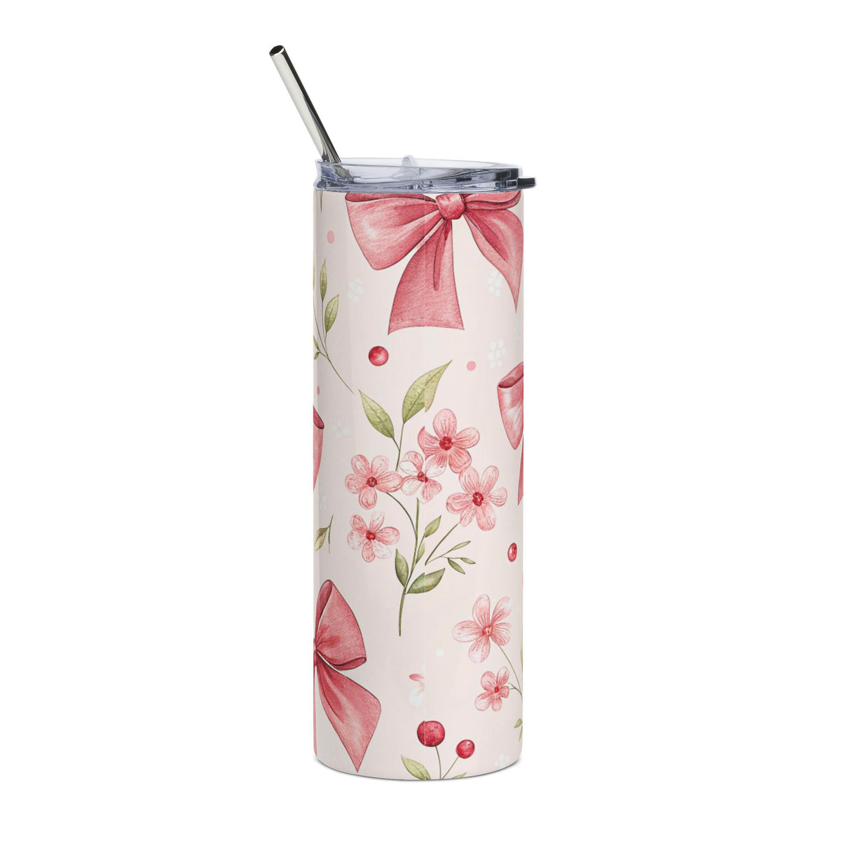 20oz Pink Bow Floral Stainless Steel Tumbler — Cute Floral Gift for Her