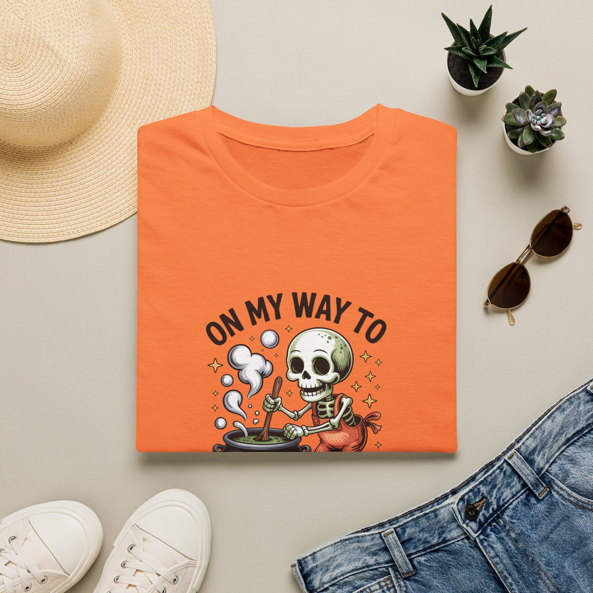 On My Way to Stir the Pot Skeleton T-Shirt — Funny Halloween Gift for Women