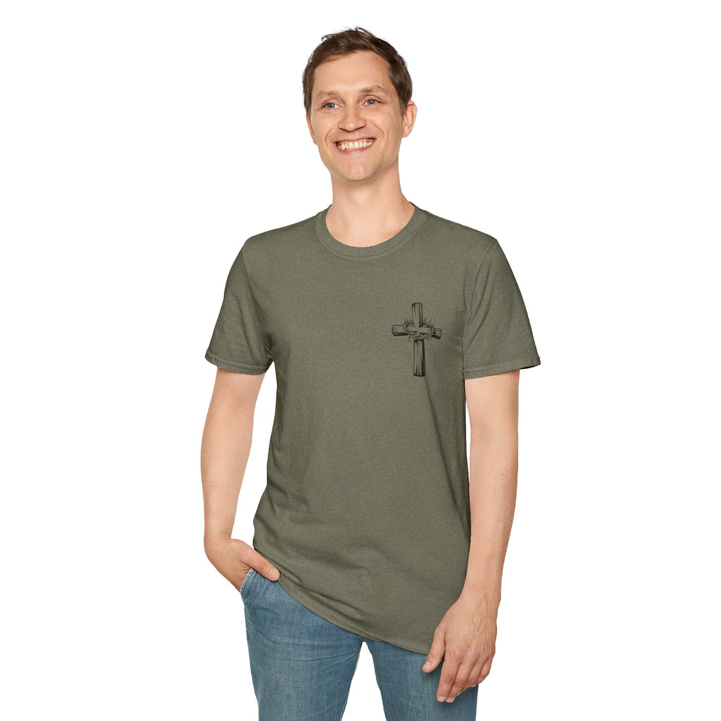 Cross Lion and Jesus Back Print T-Shirt — Wood Cross Chest Christian Faith Graphic