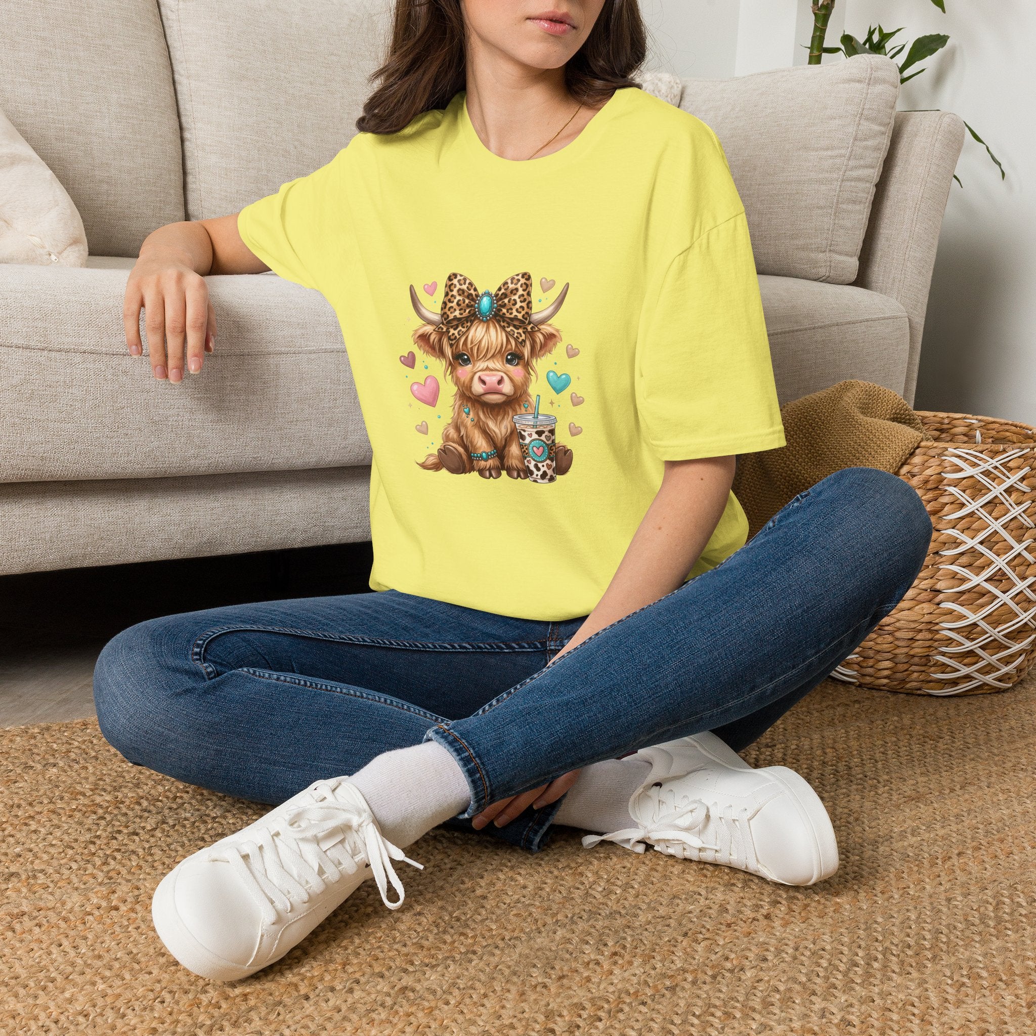 Highland Cow Leopard Bow T-Shirt — Cute Funny Gift for Her Hearts Graphic Tee