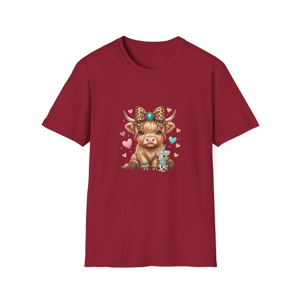 Highland Cow Leopard Bow T-Shirt — Cute Funny Gift for Her Hearts Graphic Tee