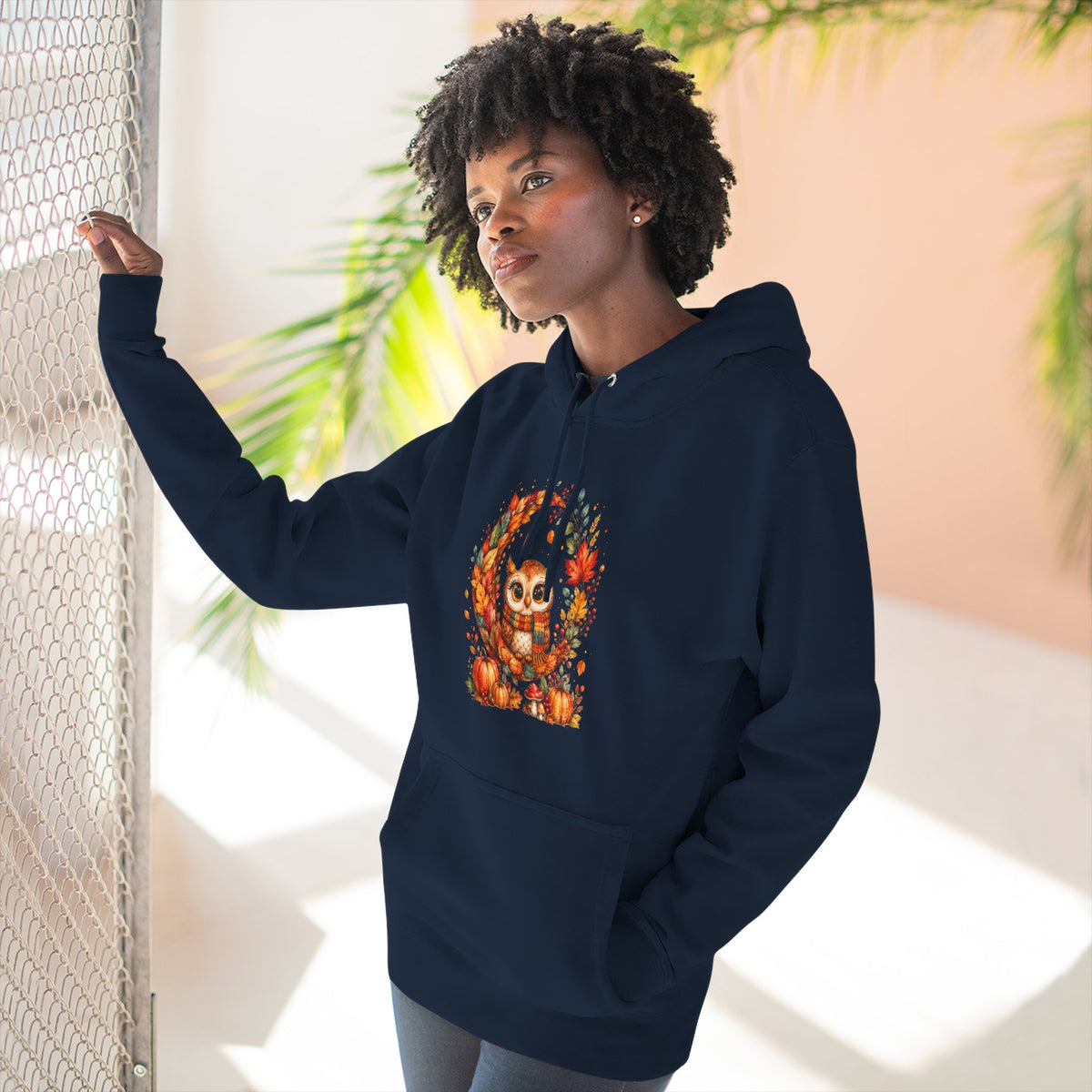 Cozy Autumn Owl Crescent Moon Embroidered Hoodie