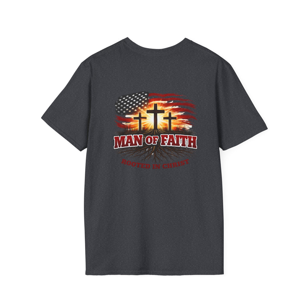 Man of Faith Rooted in Christ T-Shirt — Christian Gift for Him Flag & Cross Back Print Graphic Tee